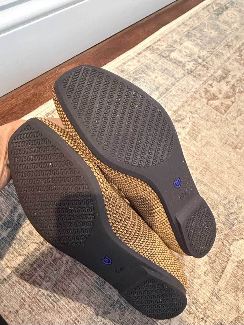Rothy's Tan Knit Mary Jane Flats with Blue Heel Tab - Picture 5 of 5